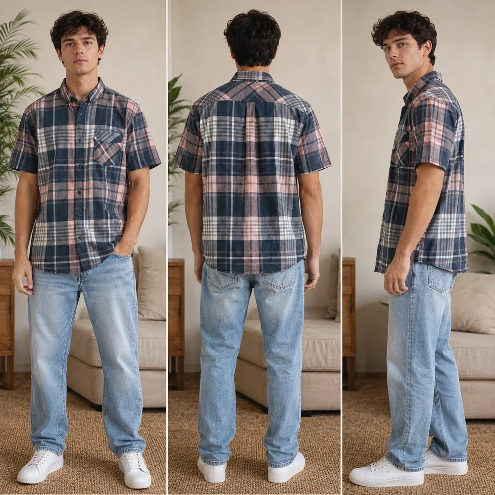 Levi's Button Down Shirt Mens XL Gray Pink Plaid Cotton Short Sleeve Outdoor